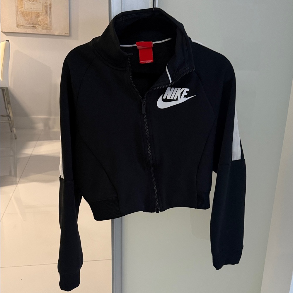 Nike Black Cropped Varsity-Style Jacket with White Logo